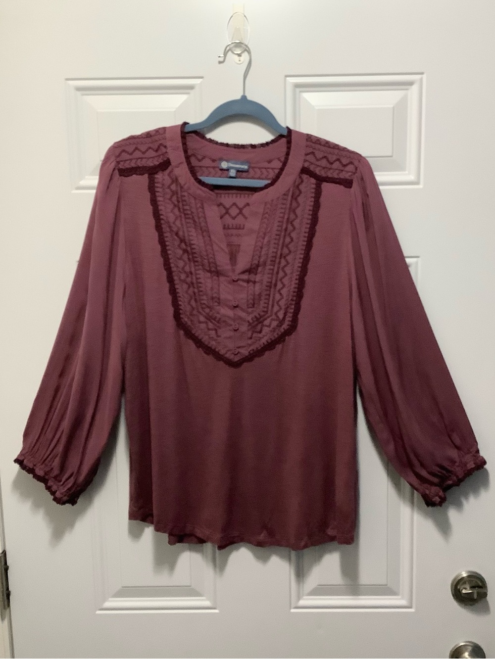 Democracy XL Purple Mixed Fabric Embroidered Top Boho Peasant Prairie Relaxed